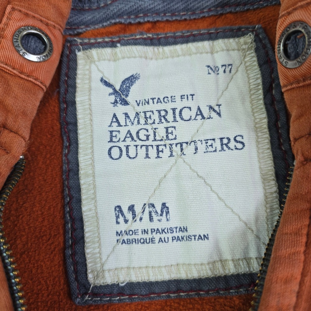 Vintage Y2K Fit American Eagle Hoodie Men Medium Orange Full Zip Distressed Hobo - Picture 8 of 16